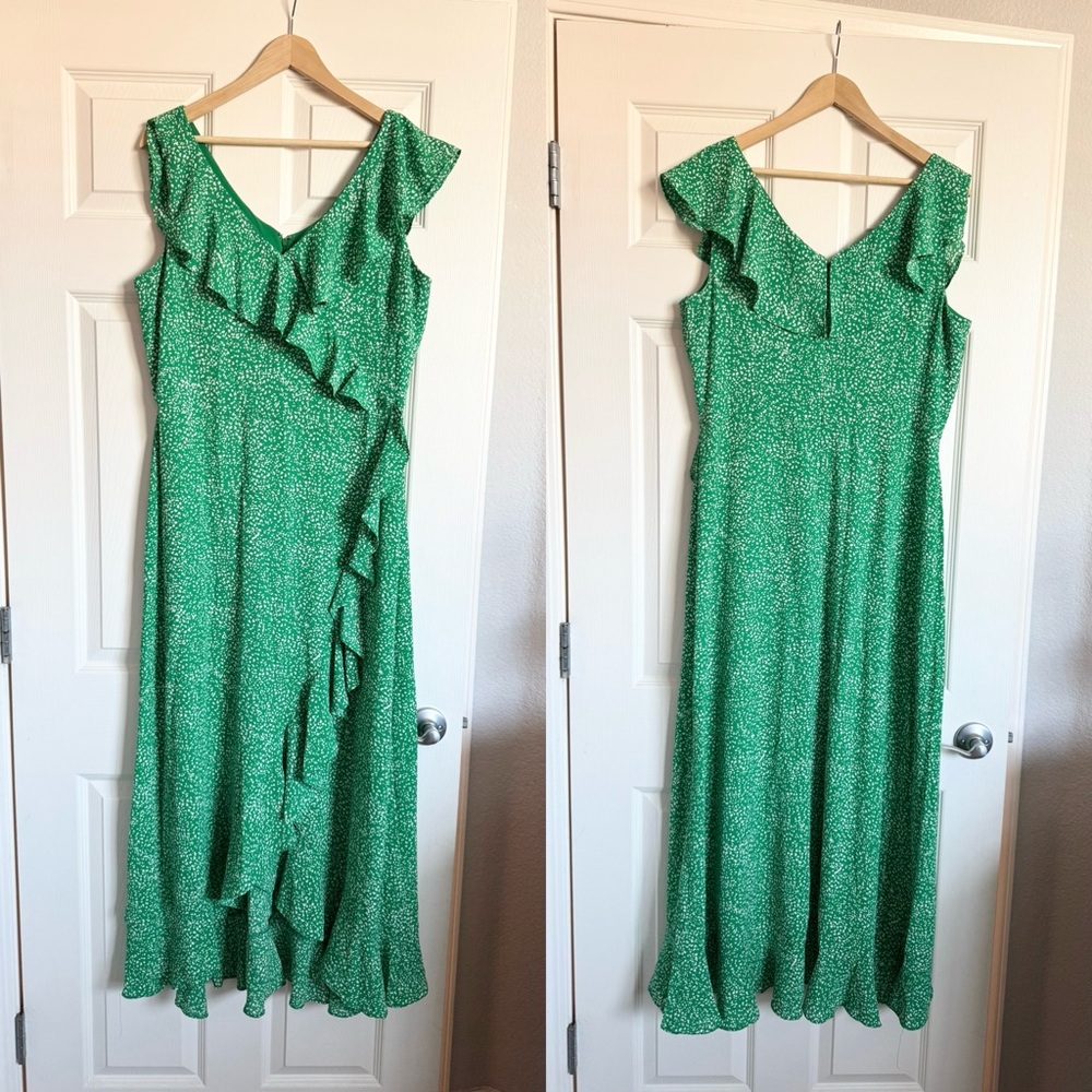 London Times Green Polka Dot Ruffle Midi Dress